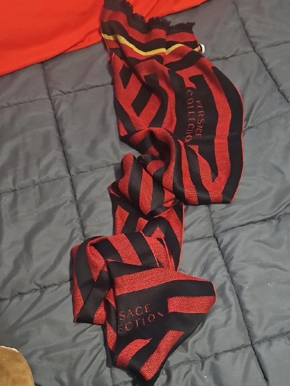 Versace Black & Red Striped Logo Scarf‎ with Yellow Accent